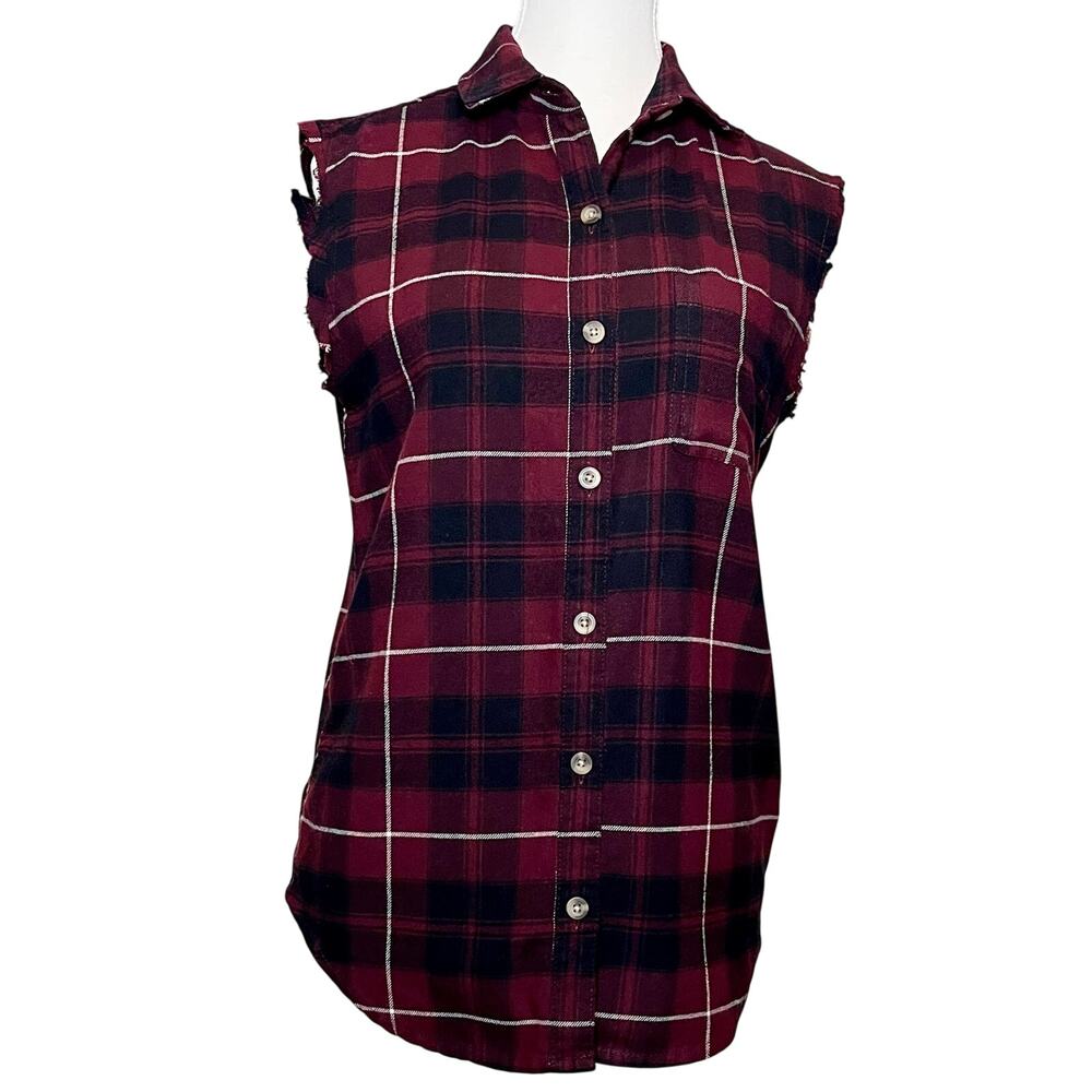 Aeropostale Womens XS Sleeveless Plaid Flannel Shirt Burgundy Black Raw Hem XS
